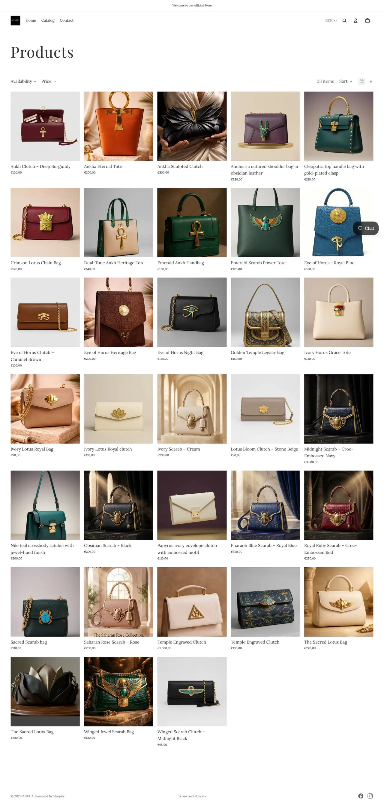 Products page of ankhaboutique.com, full-page screenshot