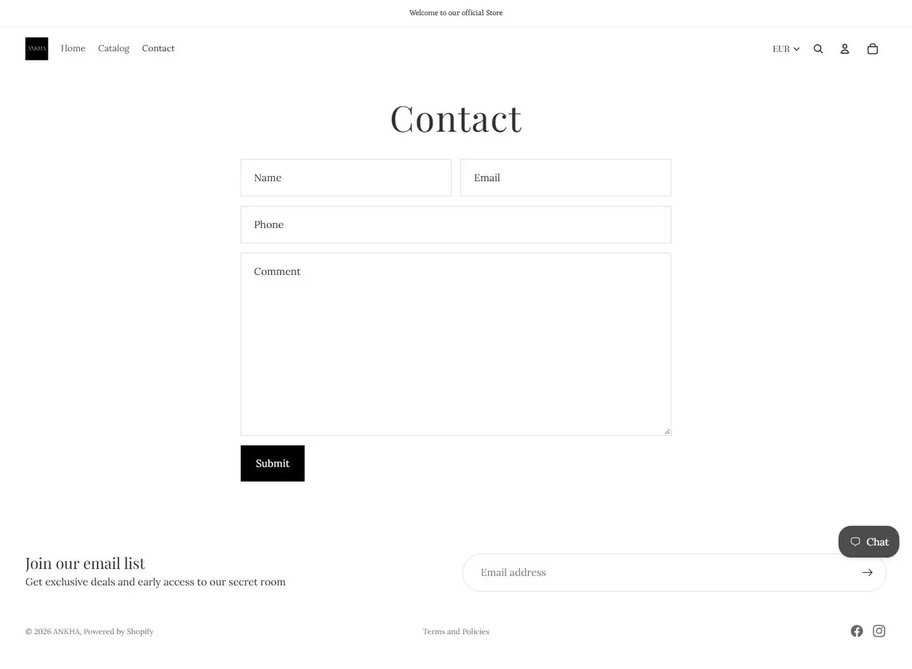 Contact page of ankhaboutique.com, full-page screenshot