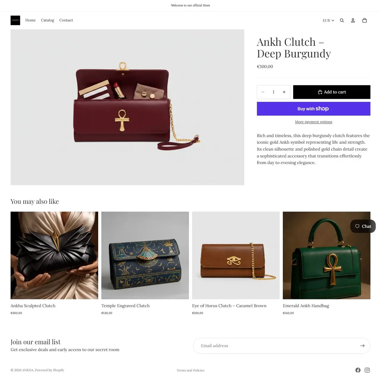 Ankh Clutch page of ankhaboutique.com, full-page screenshot