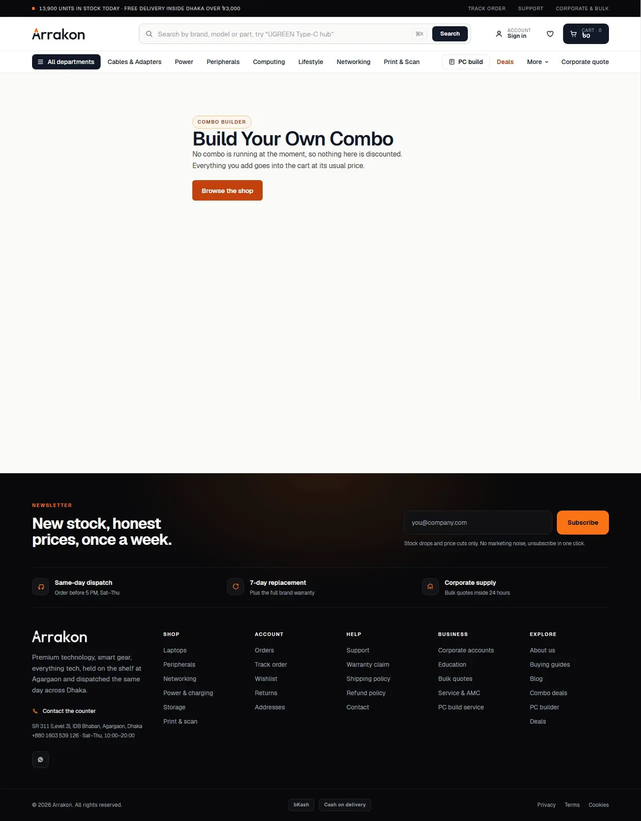 Build Your Own Combo page of arrakon.com, full-page screenshot