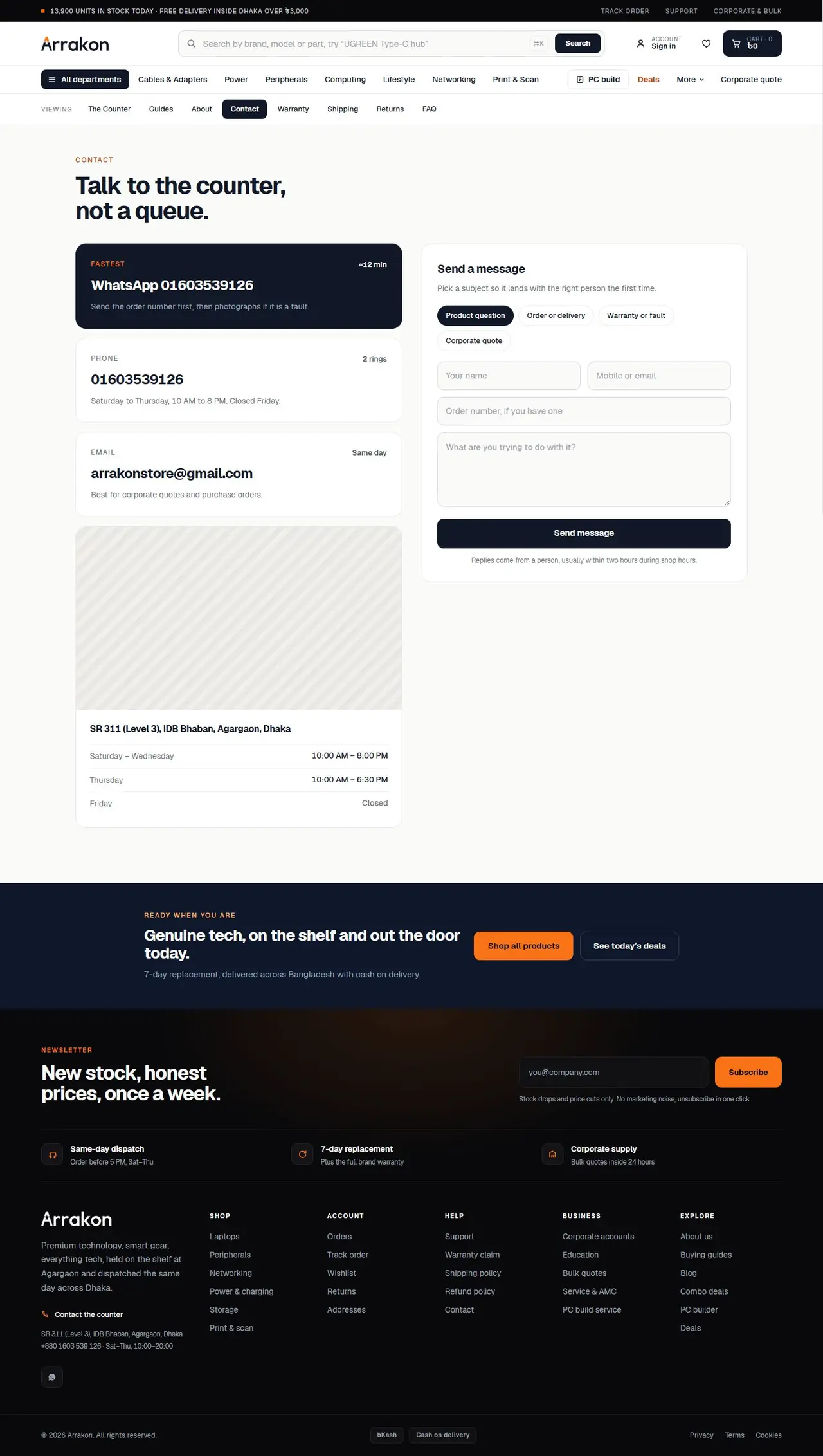 Contact page of arrakon.com, full-page screenshot