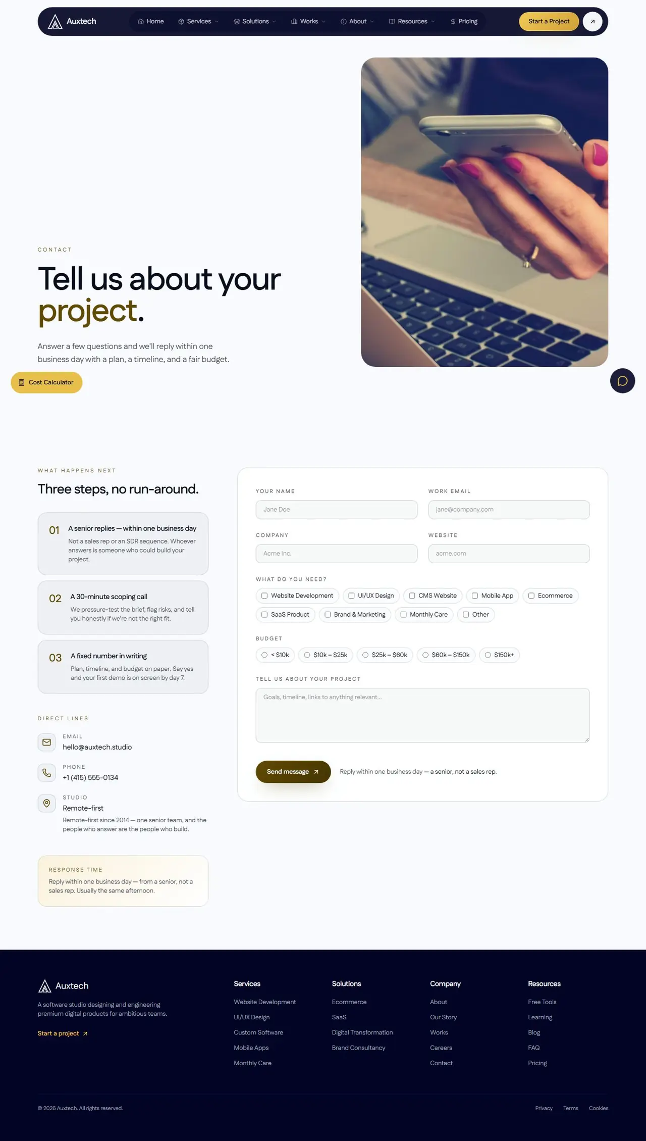 Contact page of auxtechint.com, full-page screenshot