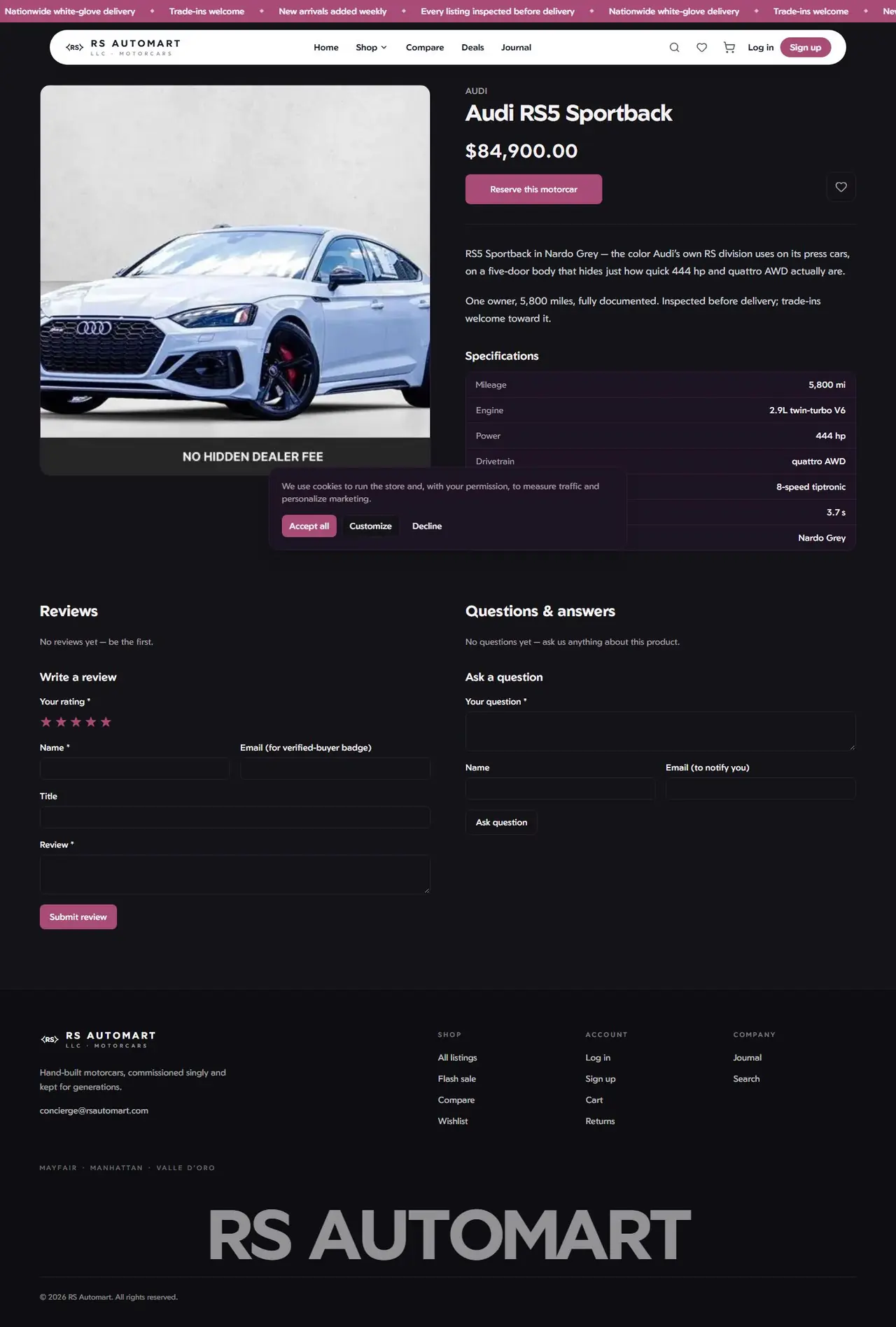 Audi RS5 Sportback page of comgadgets-five.vercel.app, full-page screenshot