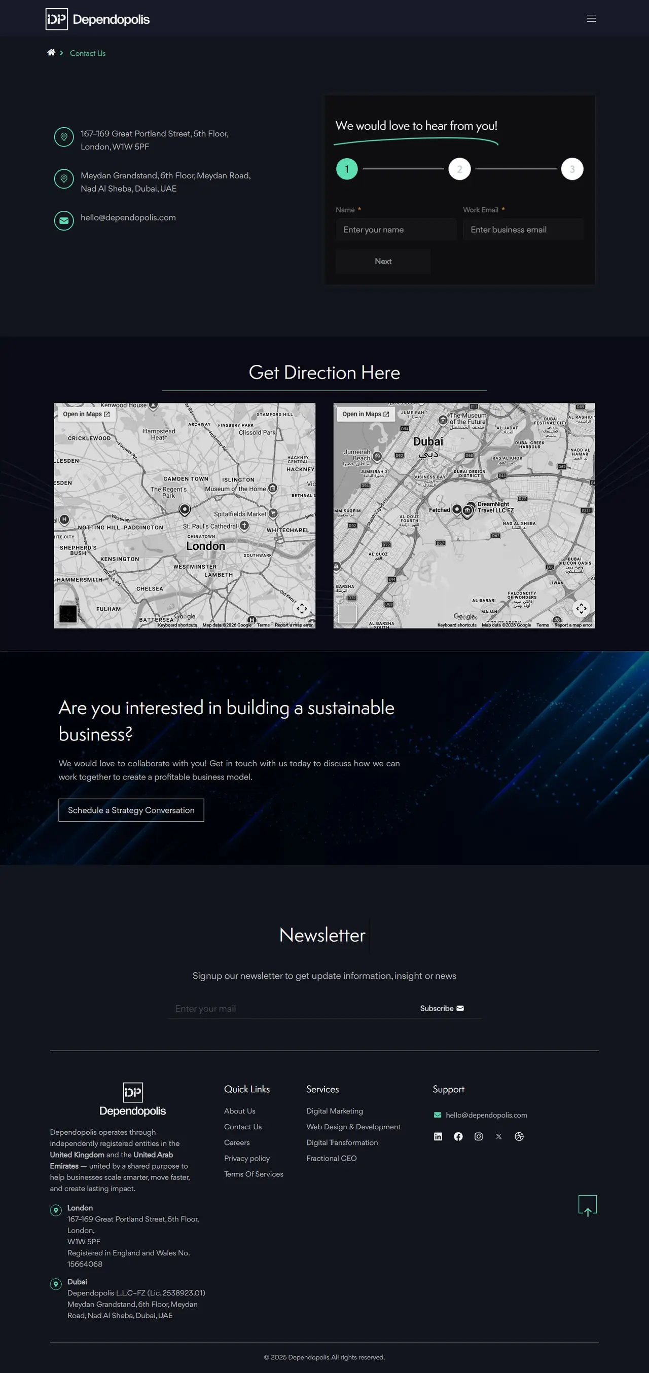 Contact Us page of dependopolis.com, full-page screenshot