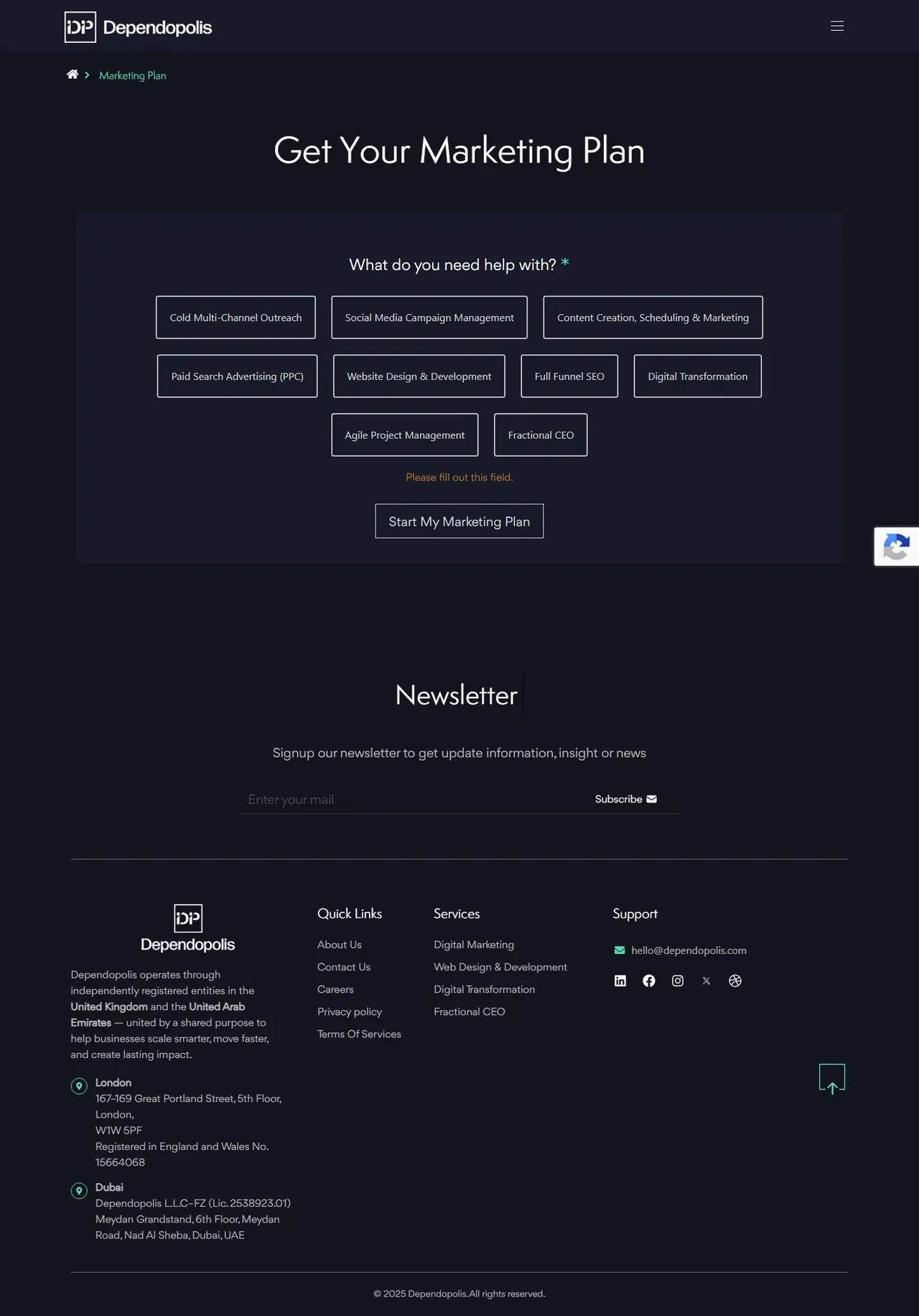 Marketing Plan page of dependopolis.com, full-page screenshot