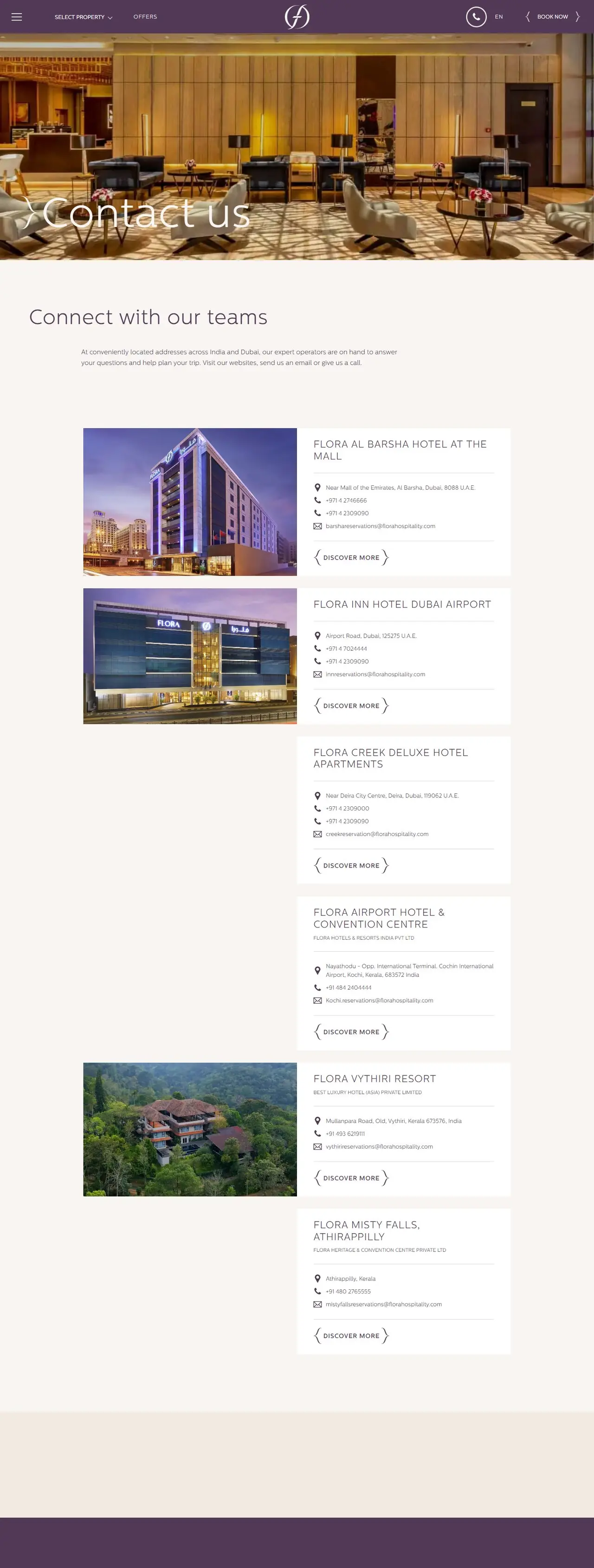 Contact us page of florahospitality.com, full-page screenshot