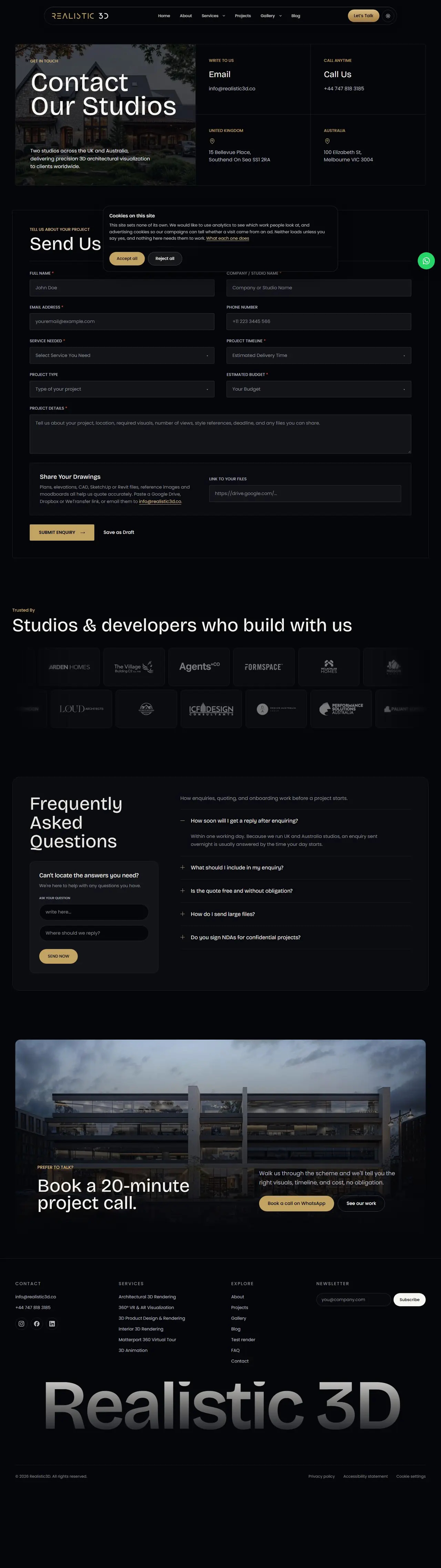 Get a Free 3D Rendering Quote by Realistic3D page of realistic3d.co, full-page screenshot