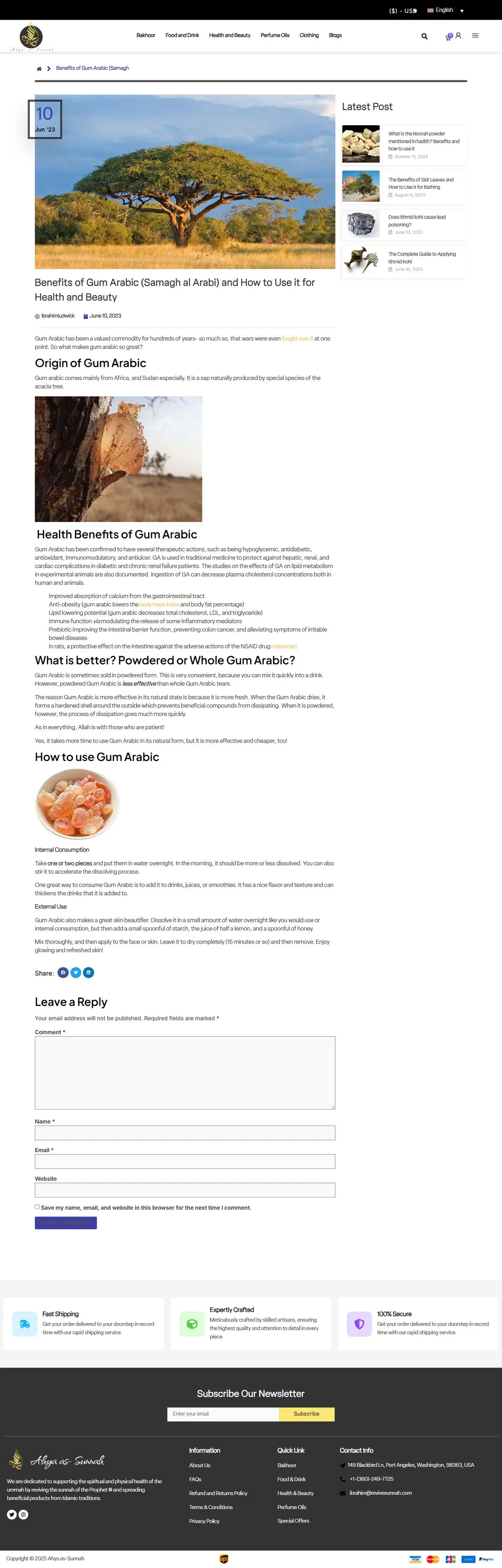 Benefits of Gum Arabic (Samagh al Arabi) and How to Use it for Health and Beauty page of revivesunnah.com, full-page screenshot