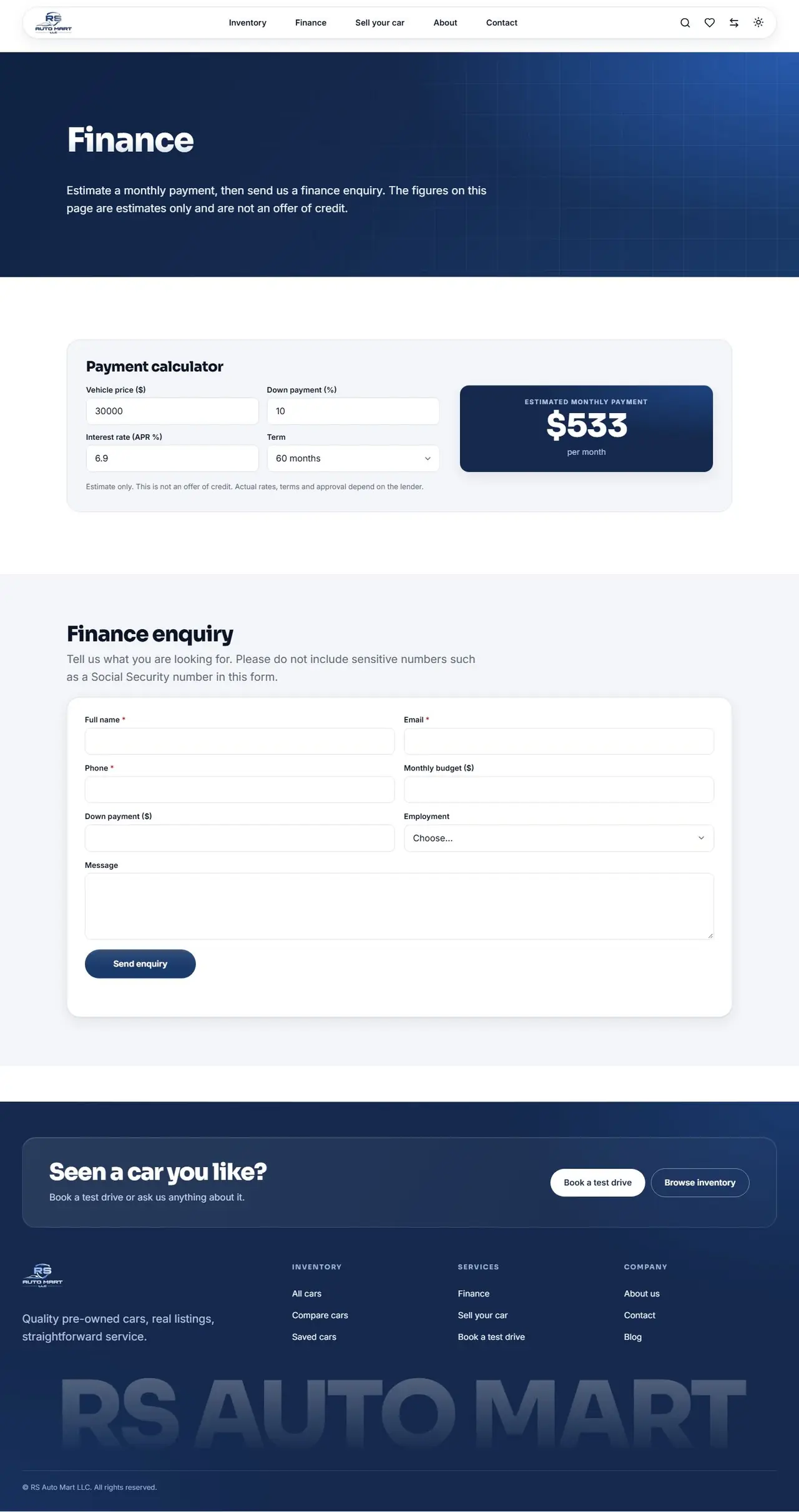 Finance page of rsautomartllc.com, full-page screenshot
