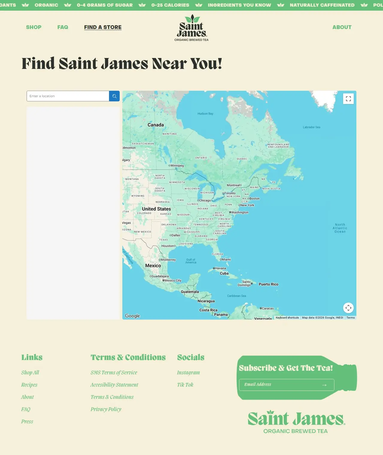 Find Saint James Near You! page of saintjamesicedtea.ca, full-page screenshot