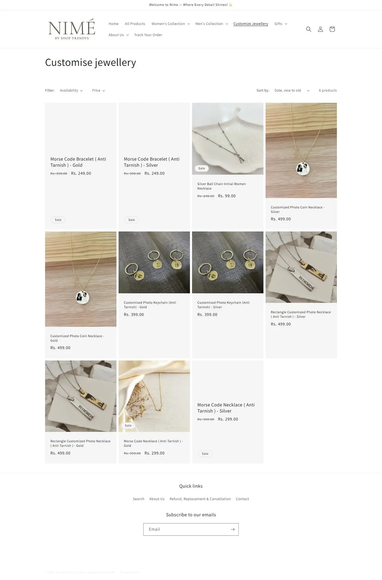 Customise jewellery page of shoptrendys.in, full-page screenshot