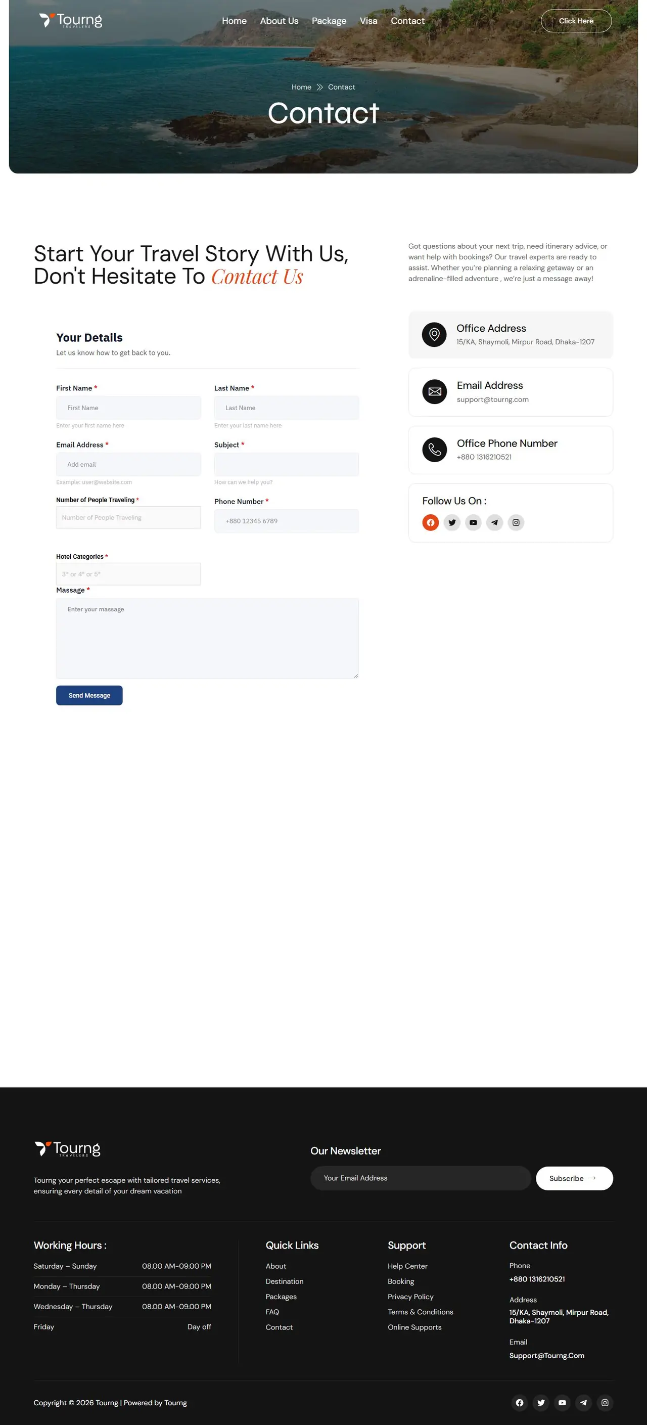 Contact page of tourng.com, full-page screenshot