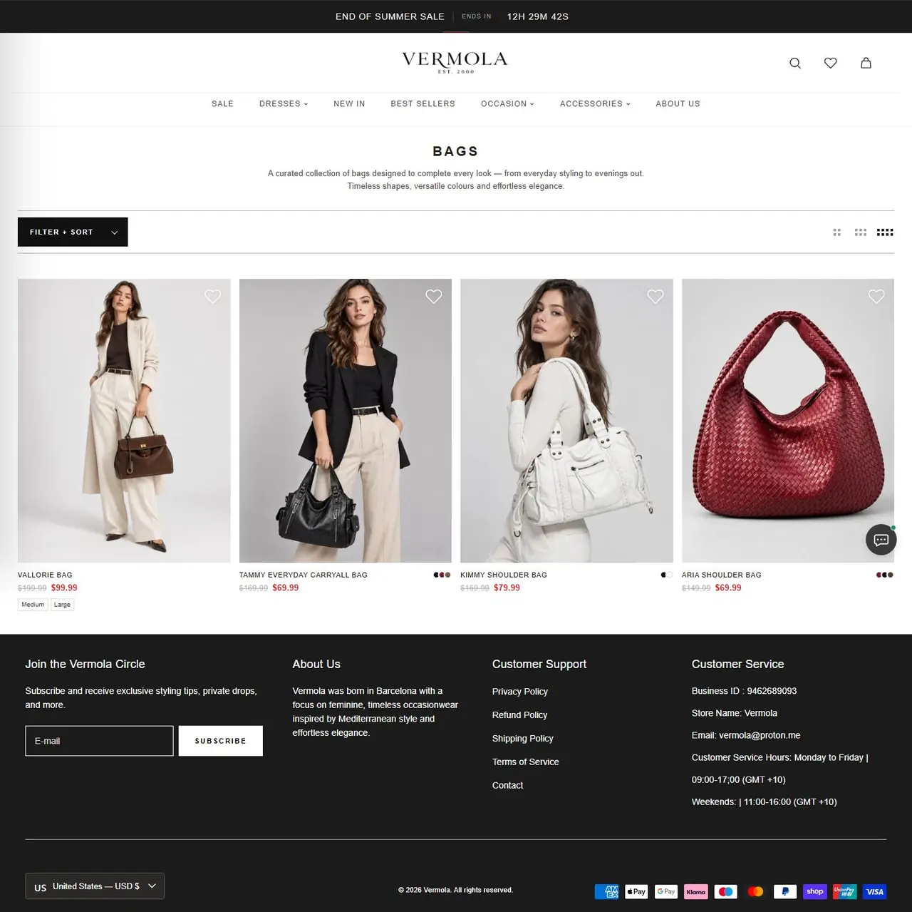 Bags page of vermola.com, full-page screenshot