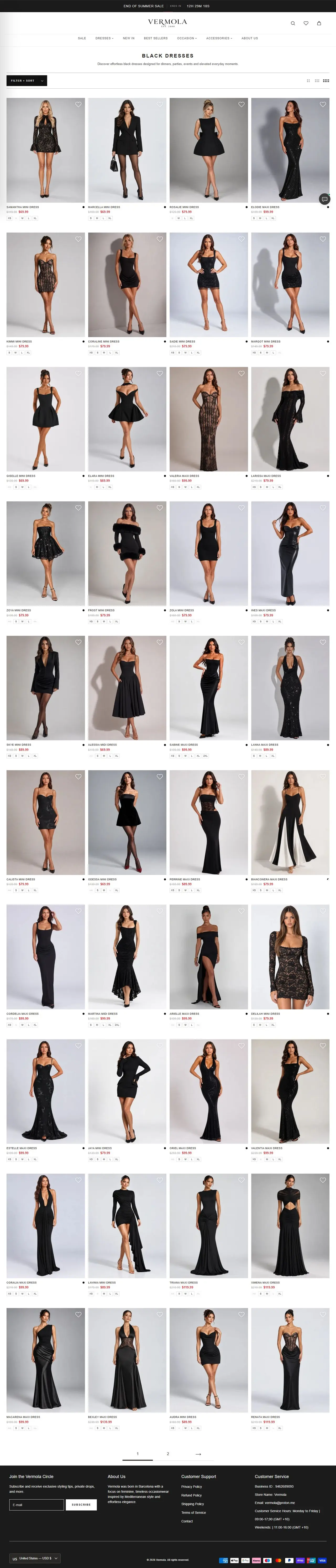 Black Dresses page of vermola.com, full-page screenshot