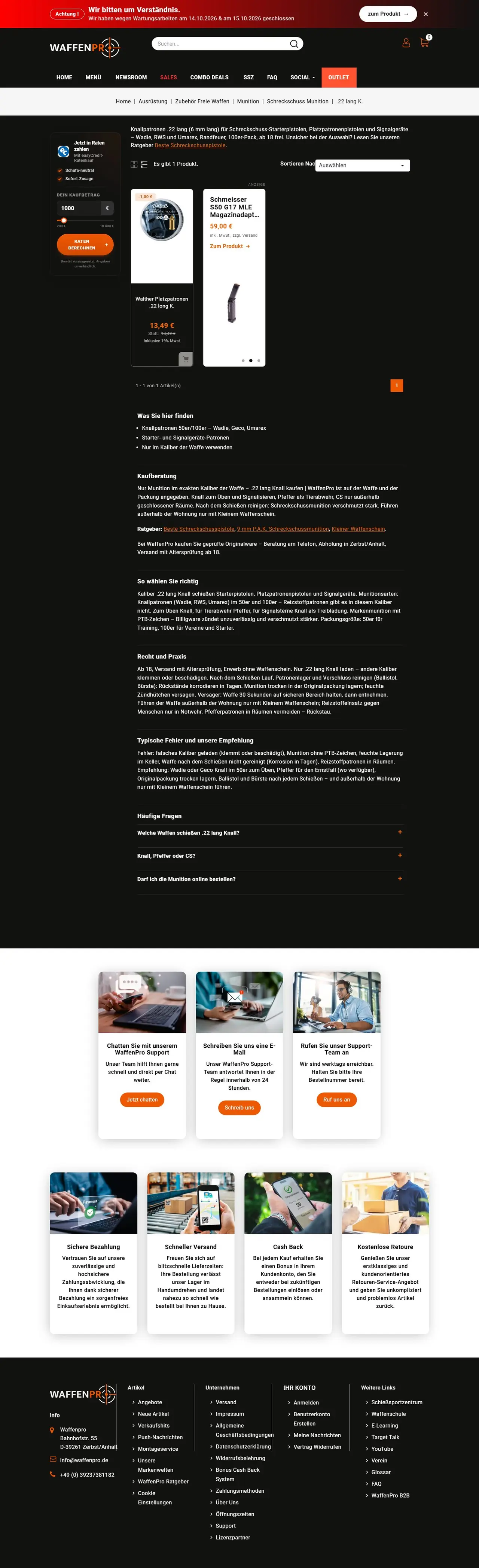 .22 lang Knall kaufen page of waffenpro.de, full-page screenshot