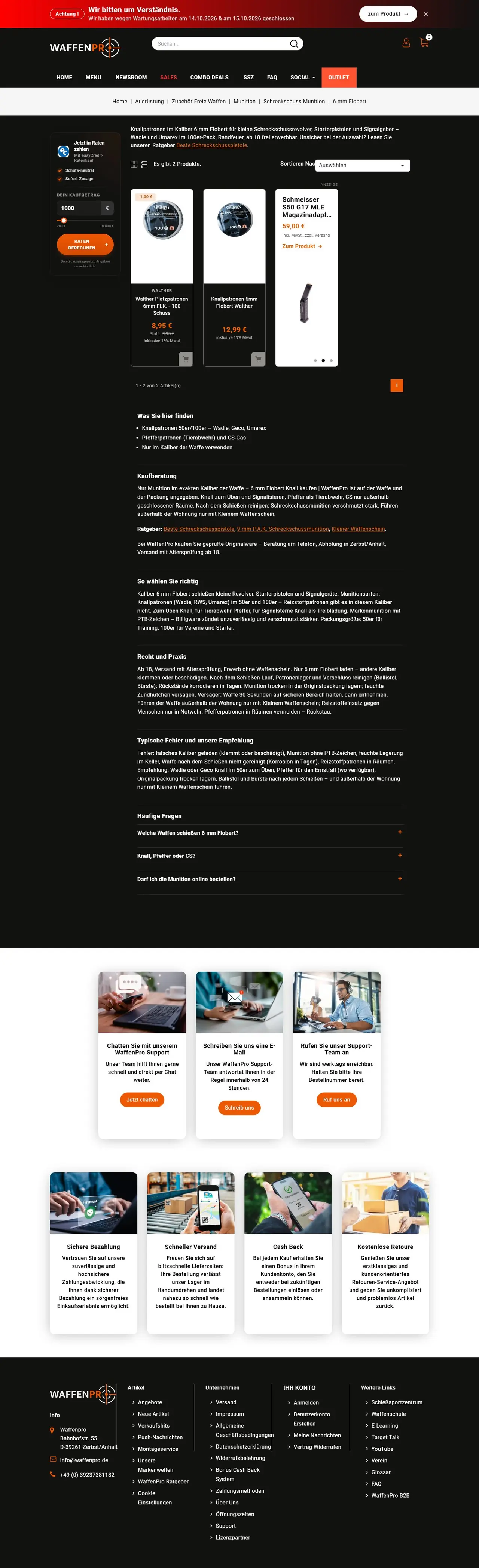 6 mm Flobert Knall kaufen page of waffenpro.de, full-page screenshot