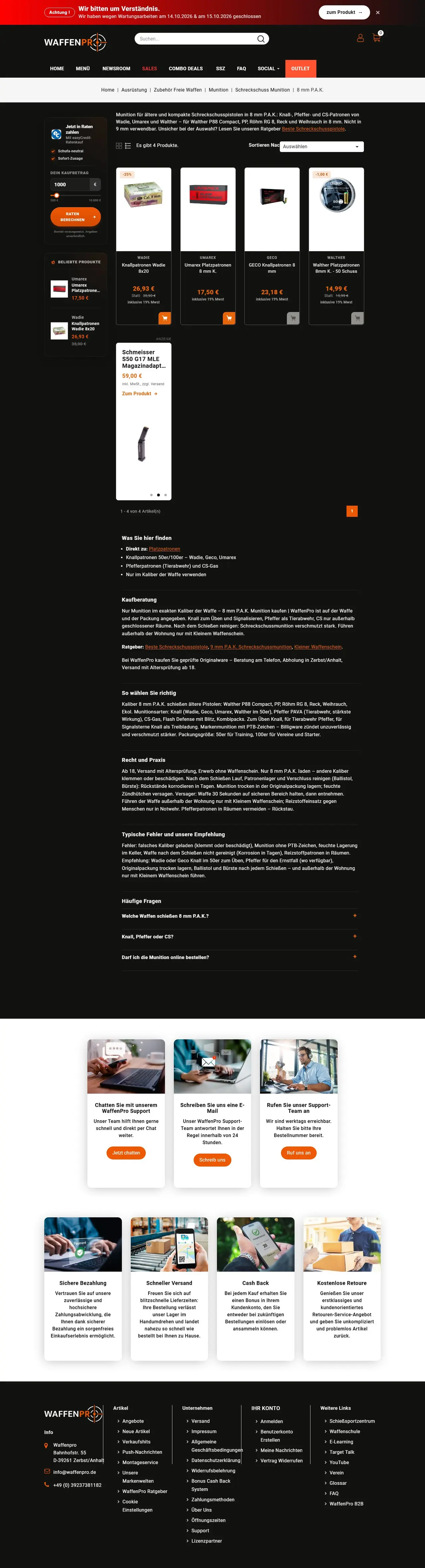 8 mm P.A.K. Munition kaufen page of waffenpro.de, full-page screenshot