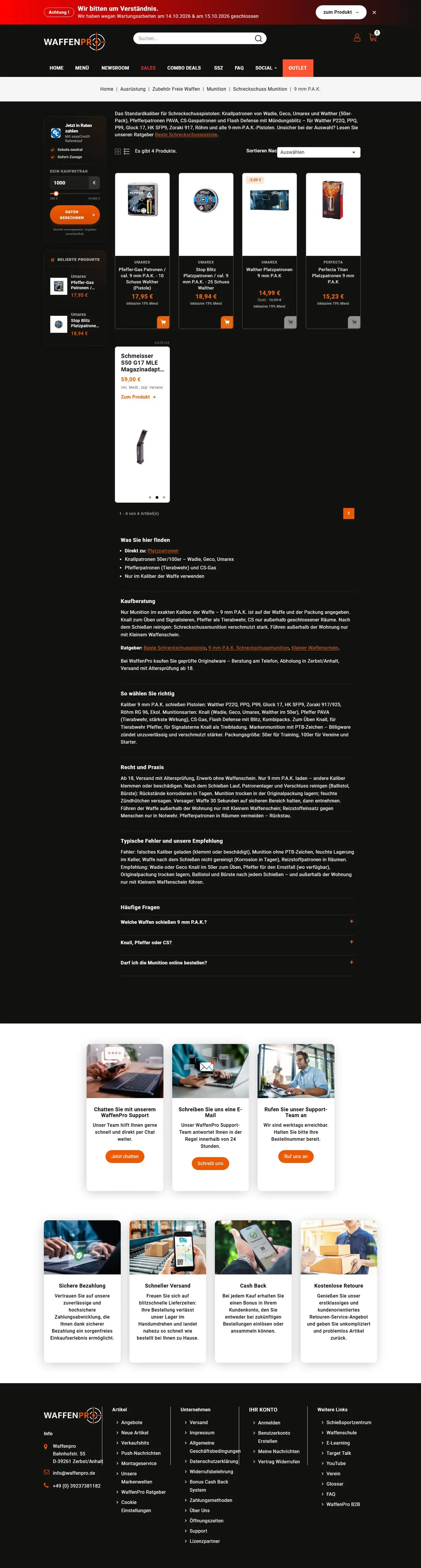 9 mm P.A.K. Munition kaufen page of waffenpro.de, full-page screenshot