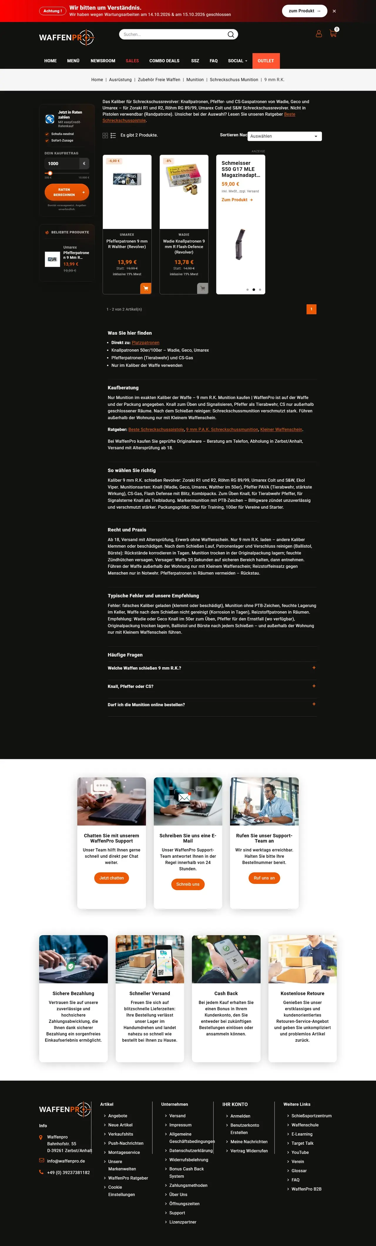 9 mm R.K. Munition kaufen page of waffenpro.de, full-page screenshot