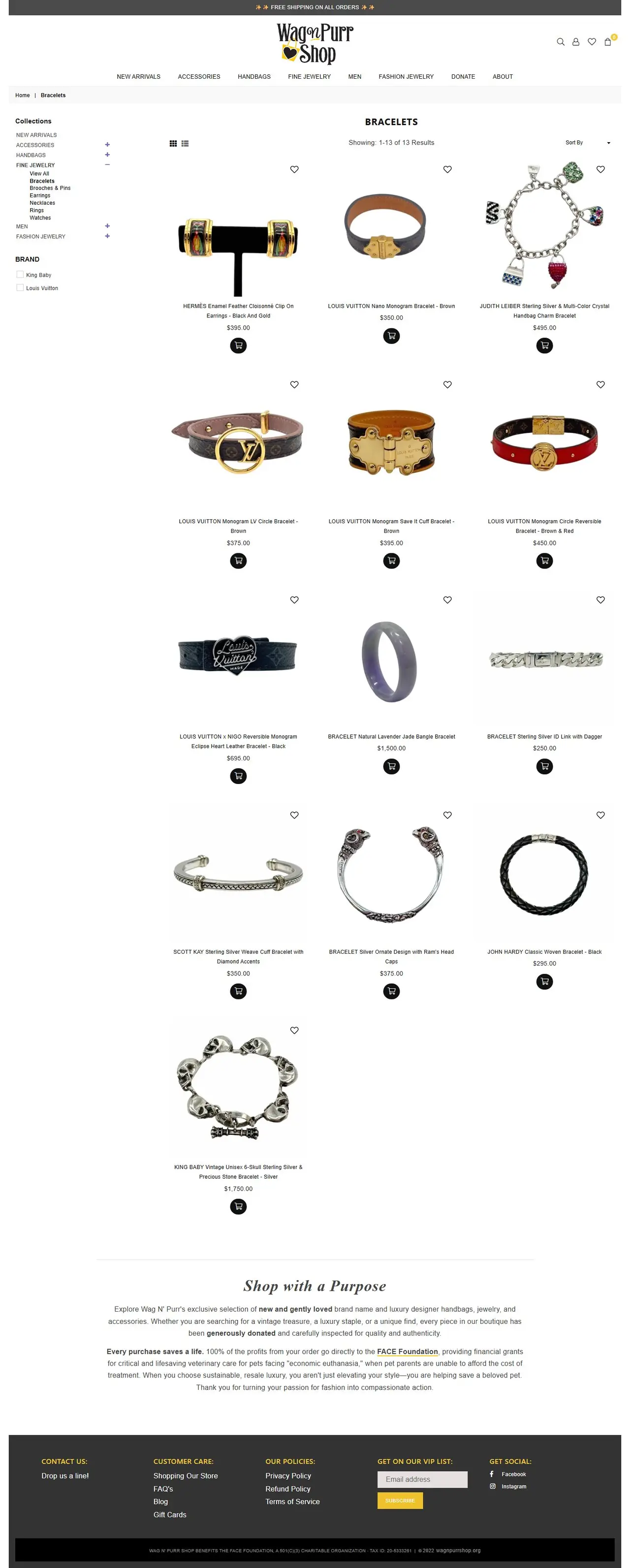Bracelets– Wag N Purr Shop page of wagnpurrshop.org, full-page screenshot